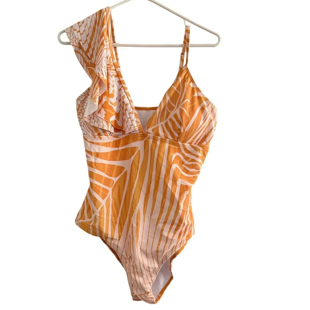 Florentine Swimsuit Set Womens L Orange New Palm Leaf Ruffle One Piece Sarong